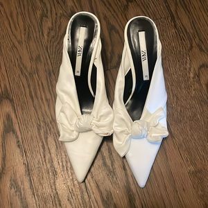 Zara White Bow Kitten Heel Mules 38 7.5